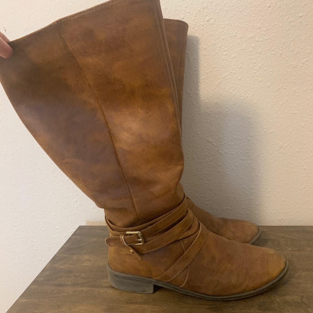 Wide calf tall brown faux leather boots